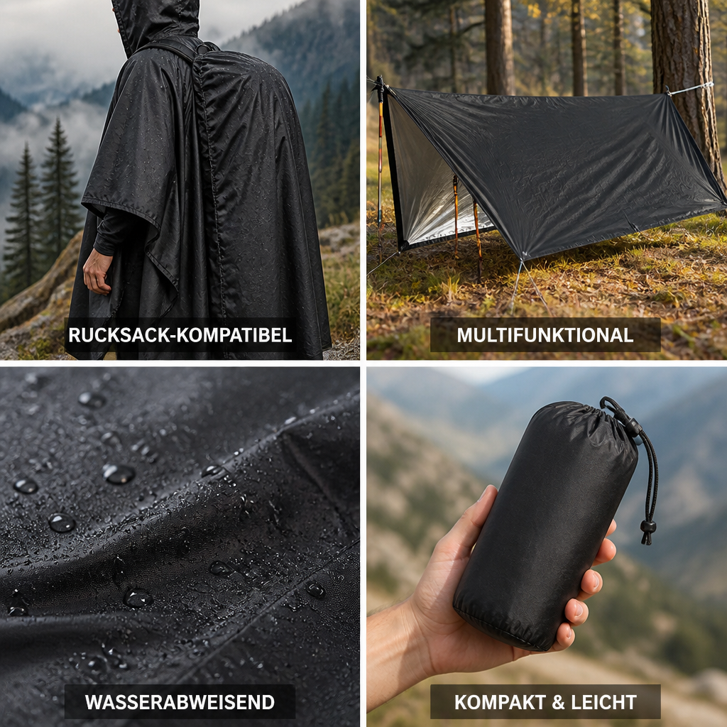 Regenponcho volledig uitgevouwen met ruime capuchon