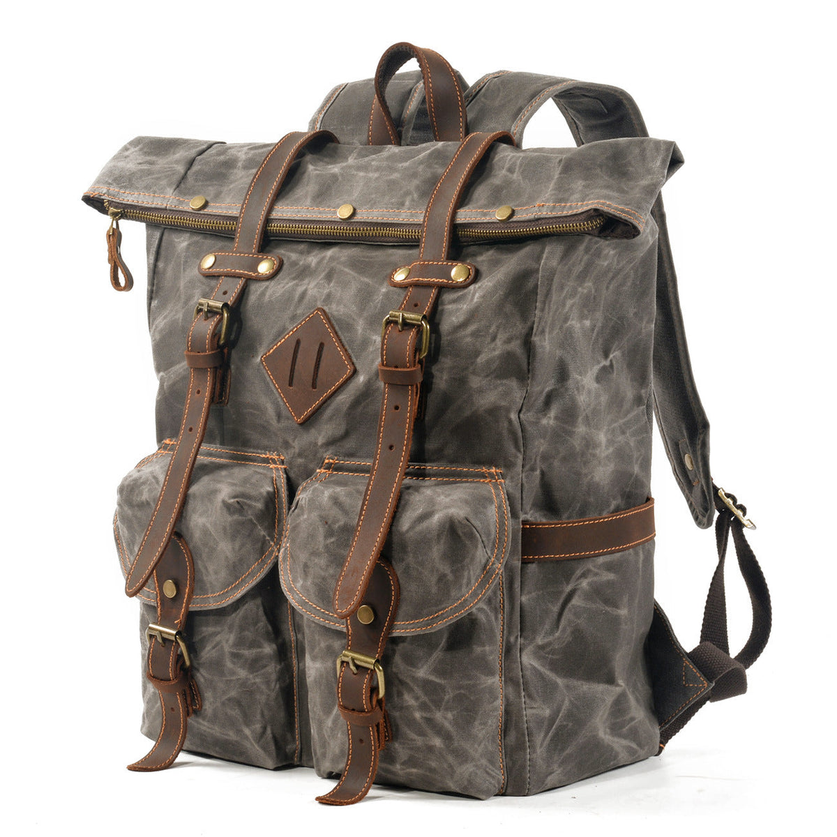 Vintage herenrugzak met stevige canvas buitenkant en leren details