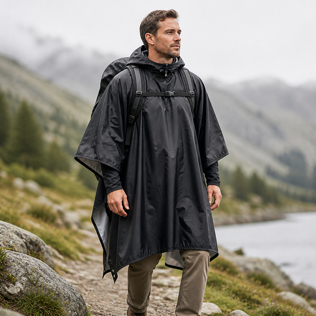 Opgevouwen regenponcho compact opgeborgen voor onderweg