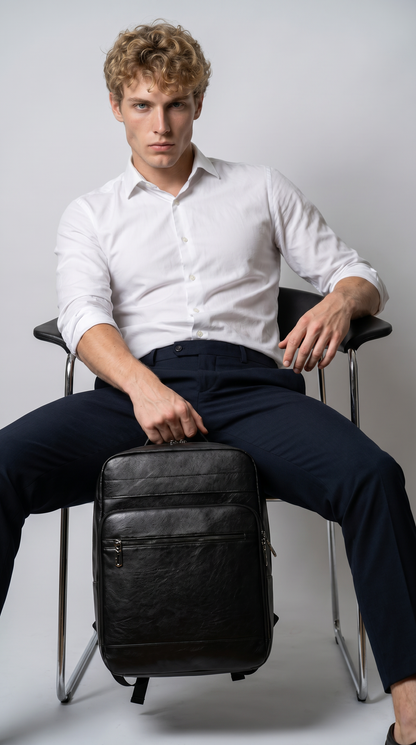 Leren rugzak van de achterzijde bekeken