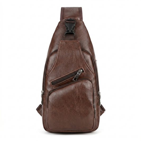 Bruine leren crossbodytas voor heren van voren bekeken
