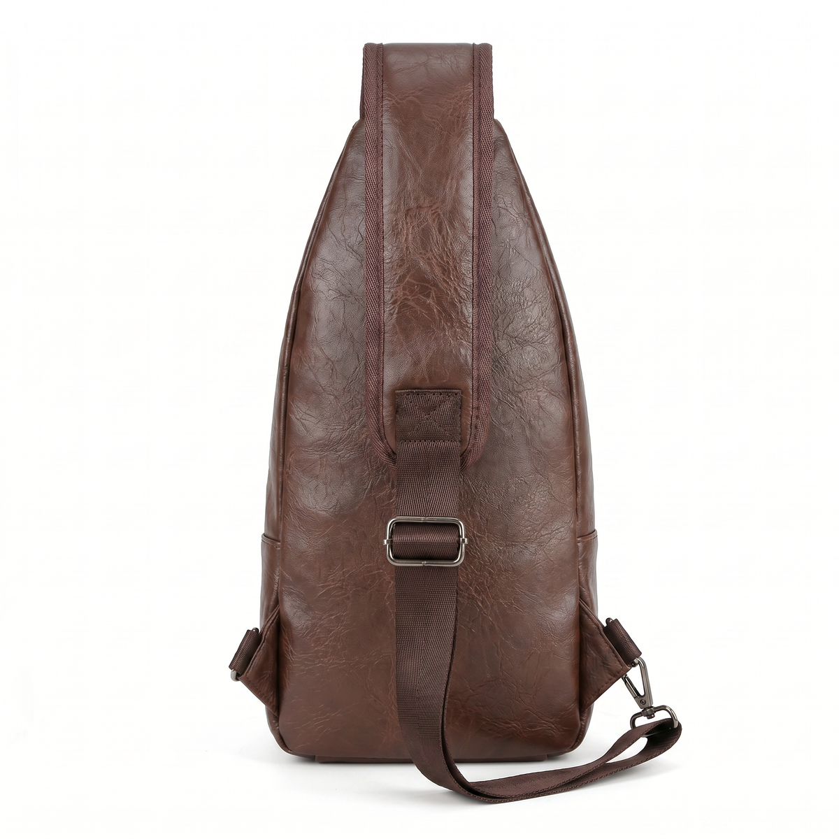 Achterzijde van de bruine leren crossbodytas