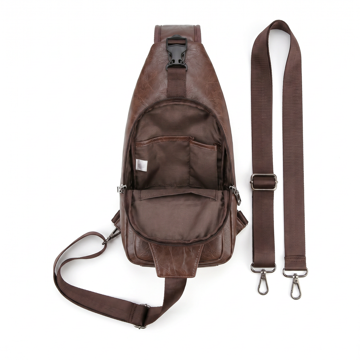 Bovenaanzicht van de bruine leren crossbodytas