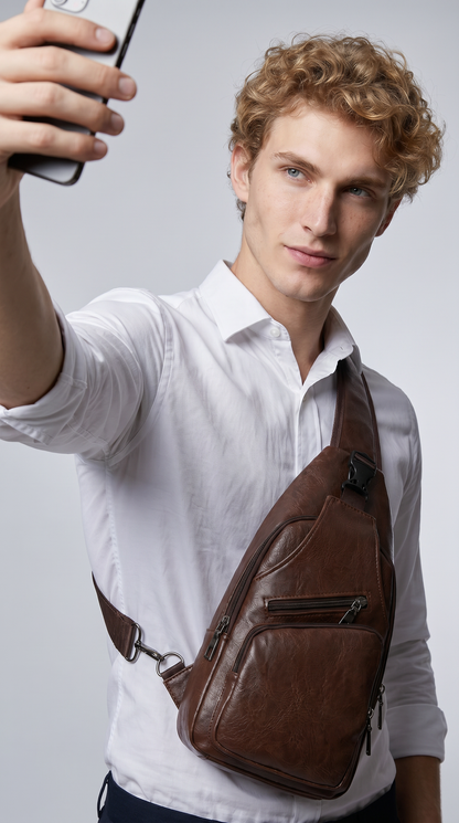 Bruine leren crossbodytas gedragen over de schouder