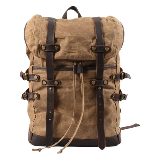 Vintage rugzak van gewaxte canvas met leren details