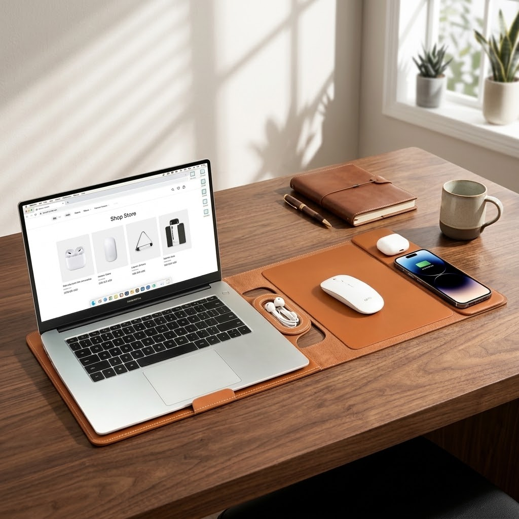 Laptophoes met ingebouwde standaard en draadloos opladen