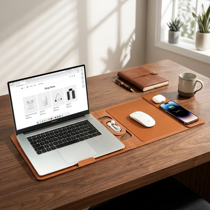 Laptophoes met ingebouwde standaard en draadloos opladen