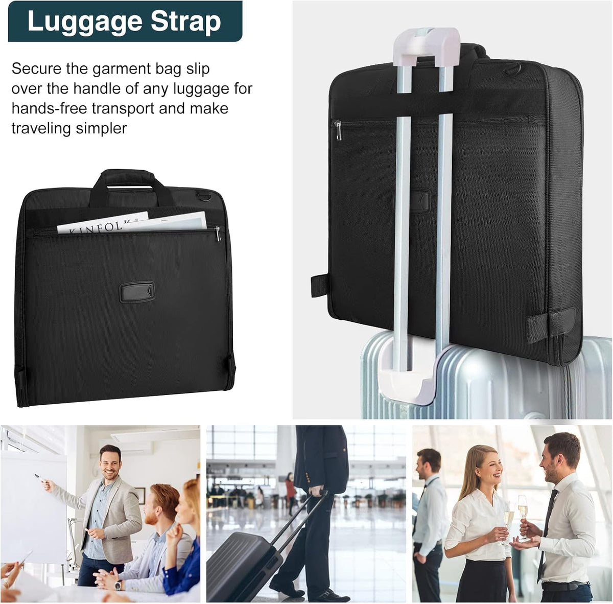 Opgevouwen kledinghoes die eenvoudig in handbagage past