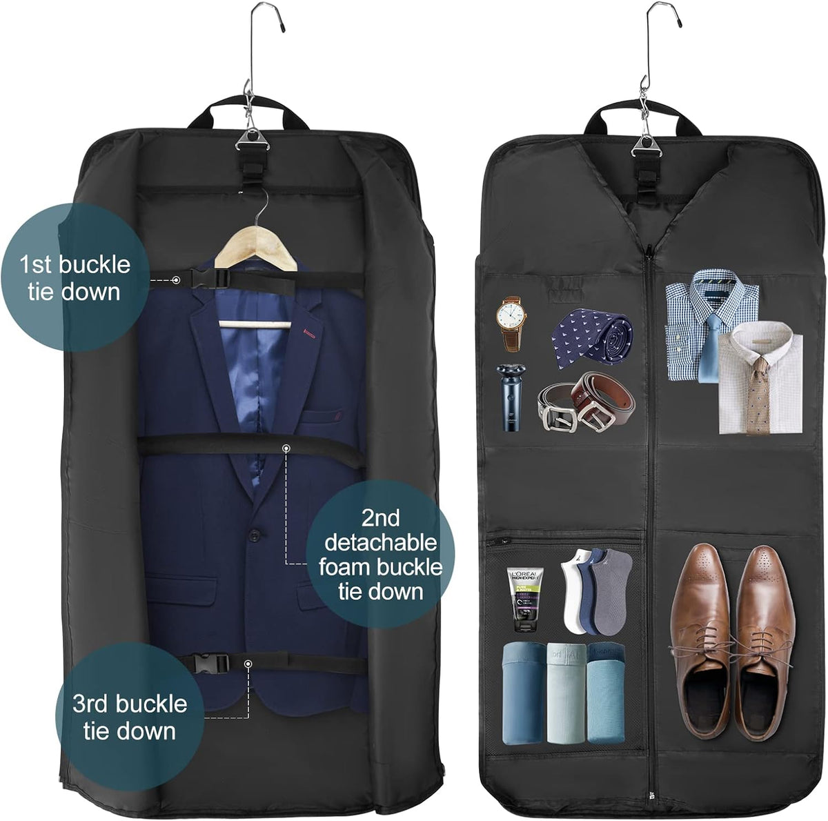 Kledinghoes opengevouwen met ruimte voor nette kleding